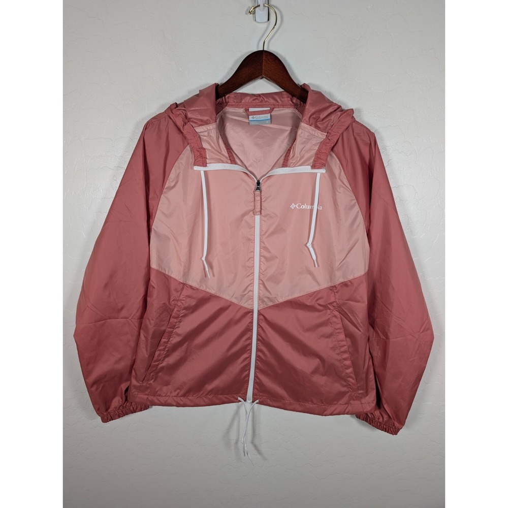Columbia Jacket Women Medium Colorblock Pink Windbreaker Hooded Full Zip Pockets